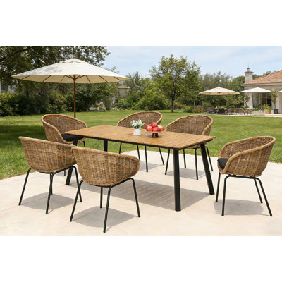 Ensemble repas d'extérieur 7 pièces, structure en fer et meubles de patio tissés en rotin