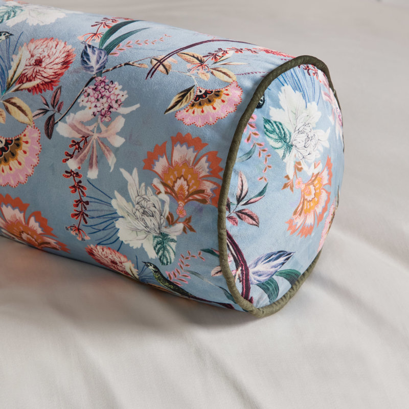Ted Baker Tropical Birds Printed Velvet Bolster 8"X24" Decorative Pillow Blue