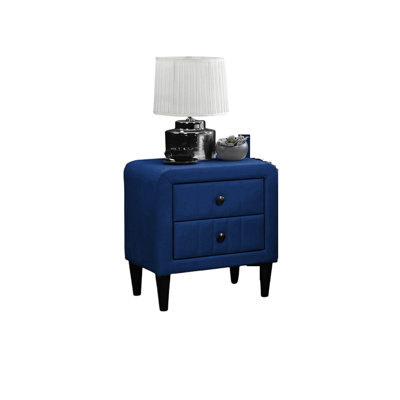 Navy Blue Color Velvet Gorgeous Onepc Nightstand Bedside Table Twox Drawers Bedroom Furniture Sleek Design Tempered Legs