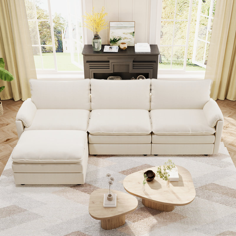 4-Piece L-Shaped Chenille Upholstered Sectional Sofa with Reversible Ottoman, Beige