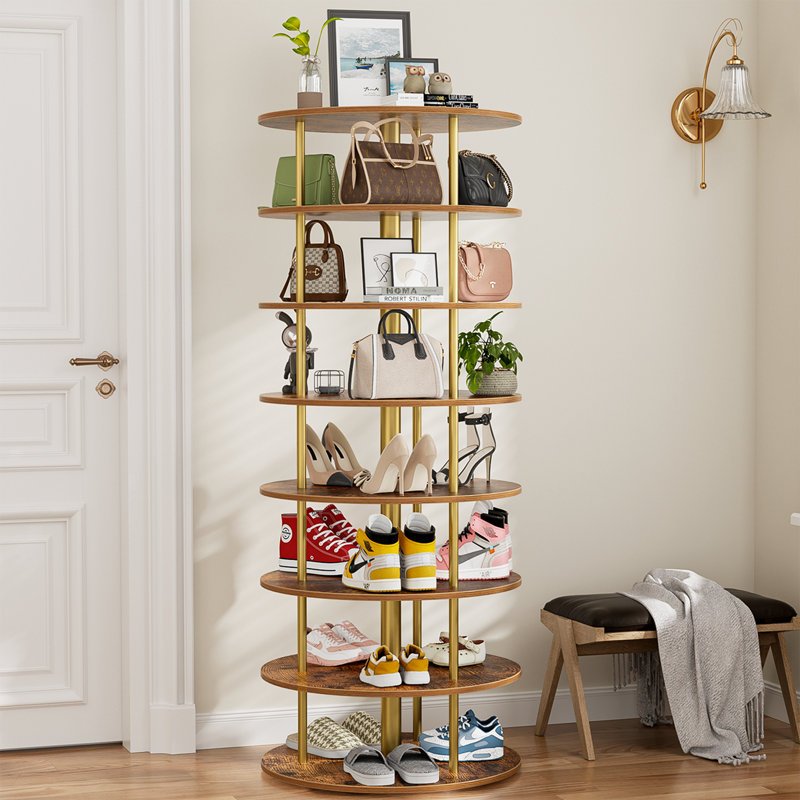 8-Tier 360°Revolving Shoe Storage Rotating Lazy Shoe Rack Entryway Bedroom Hallway, Brown Wood