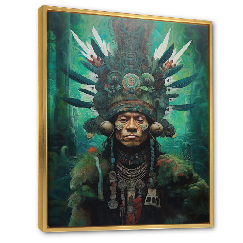 Indigène chaman Amazon Feather coiffe sur toile, H 32 po x l 24 po x P 1 po, Cadre flottant doré