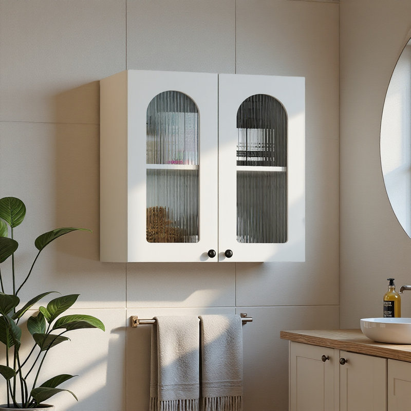 Arched Glass Door Wall Cabinet – Floating Display Cabinet With Shelves For Kitchen, Bathroom & Living Room