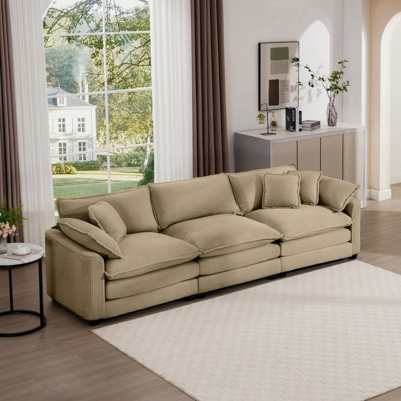 Canapé modulaire Mid-Century 3 places avec 5 coussins, design ergonomique et tissu velours côtelé pour un confort ultime