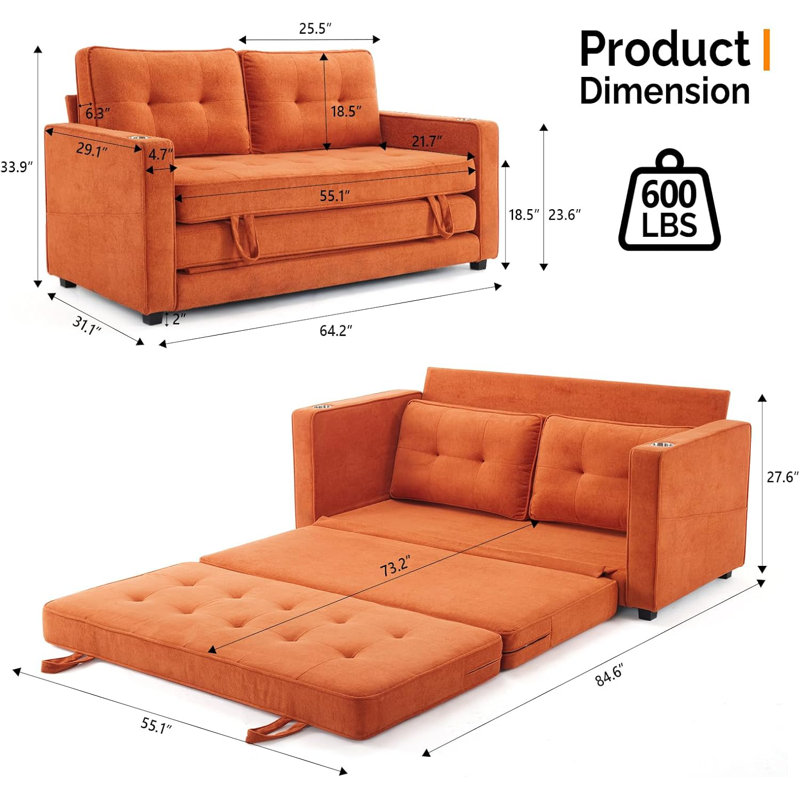 Canapé-lit Deymi, Chenille orange