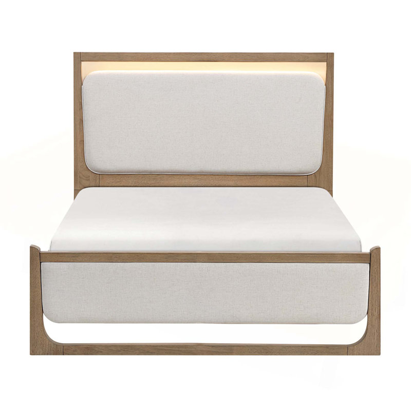 Lit moderne tapissier à finition brun clair avec tête de lit et pied de lit texturé, grand, durable et élégant