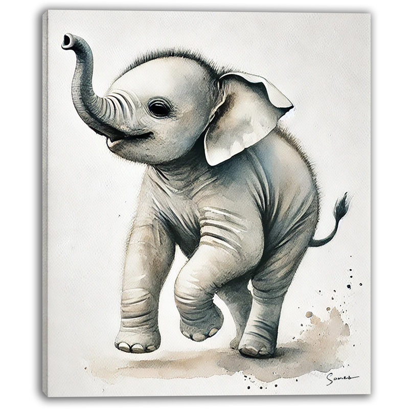 «Playful Baby Elephant Aquarelle», art mural sur toile, H 24 po x l 16 po