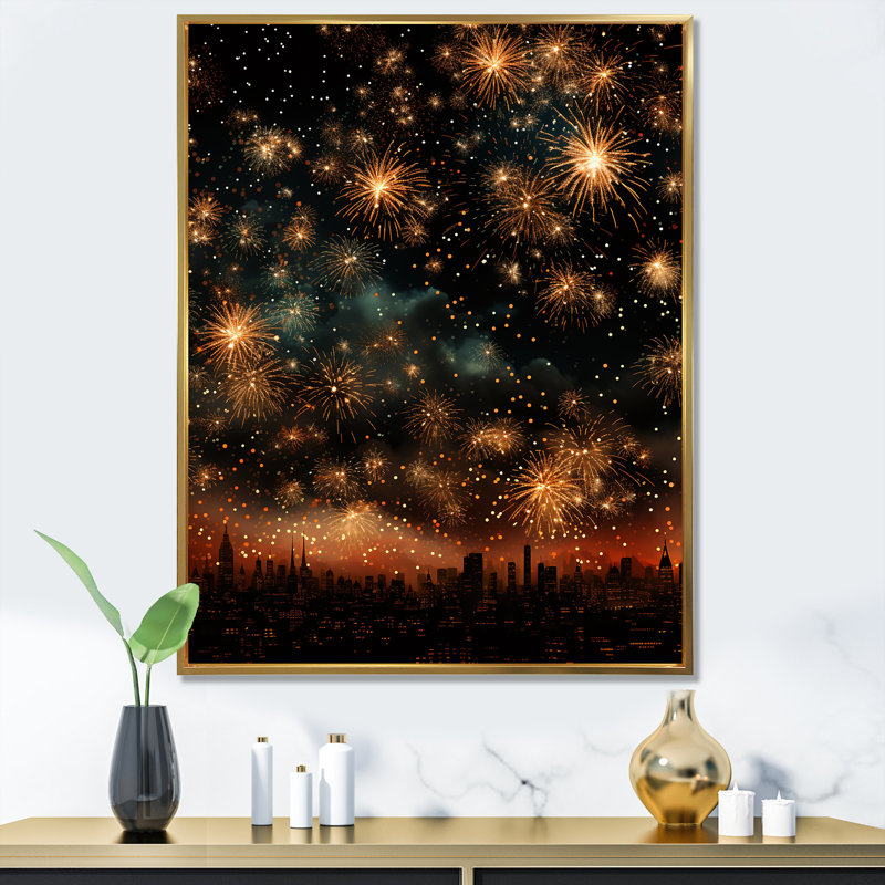 Feux d'artifice dorés, ciel magique, Cadre flottant doré, H 44 po x l 34 po x P 1,5 po