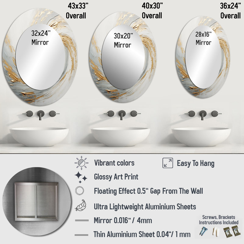 Miroir mural moderne or et blanc Vortex IV, 36 po x 24 po