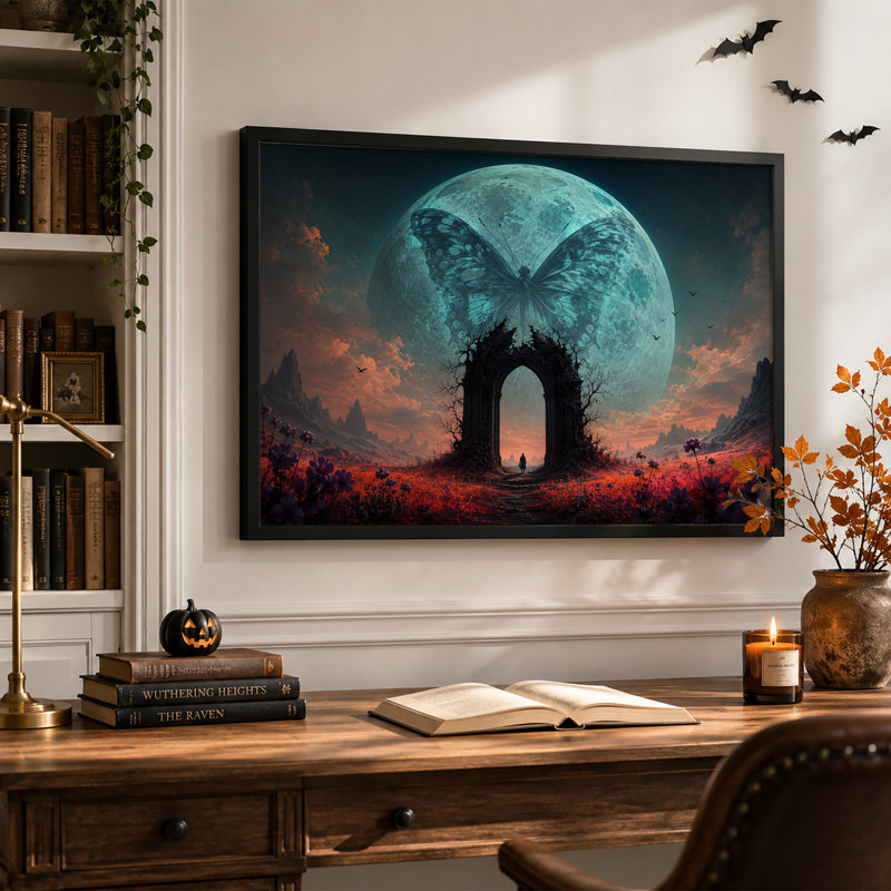 Toile murale d'Halloween représentant une silhouette de papillon et de lune fantastique sur fond de pierre, H 20 po x l 30 po
