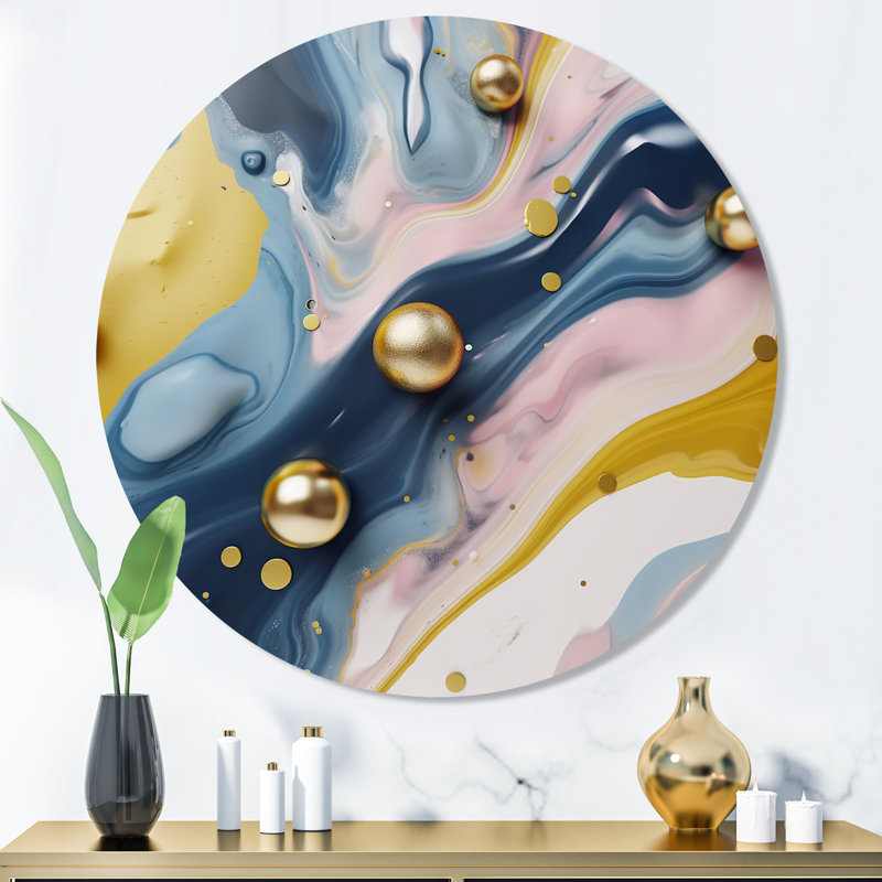 Jaune et bleu pierre fluide IV - marbre abstrait, art mural rond sur métal, H 16 po x l 16 po x P 1 po