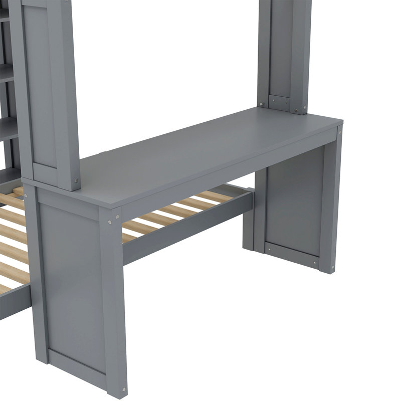 Lit superposé avec lit inférieur démontable et bureau, structure de lits superposés en bois massif avec tablettes intégrées et garde-robe, peut être converti en lit mezzanine