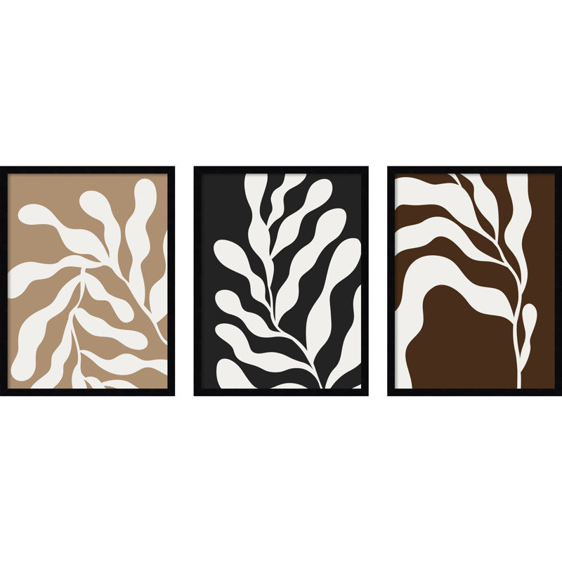 Erminia - Matisse rétro d'inspiration botanique abstraite - 3 pièces par Erminia, L 62 po x H 25 po, Noir