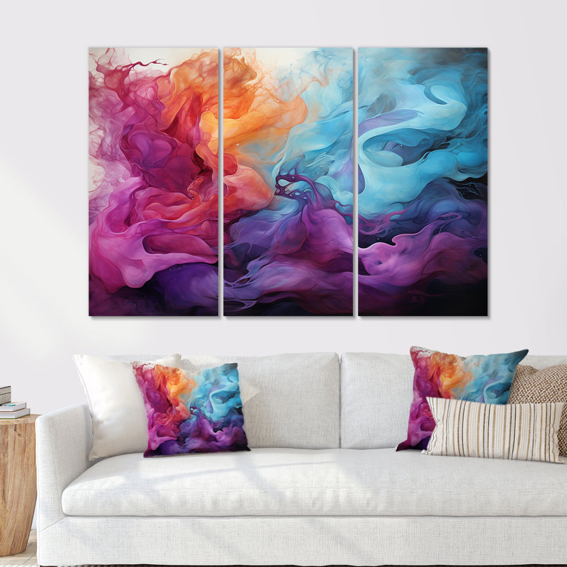 Liquide, encre, nuages, mauve, magenta, nuages dorés - ensemble d'impression d'art mural en marbre, Toile tendue