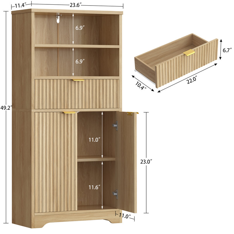 Armoire de rangement cannelée autoportante avec tablettes ouvertes réglables, naturel