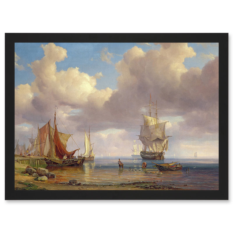 Seascape Maritime Vollmer Calm Sea Ships Shore 1 Piece Single Picture Frame Painting