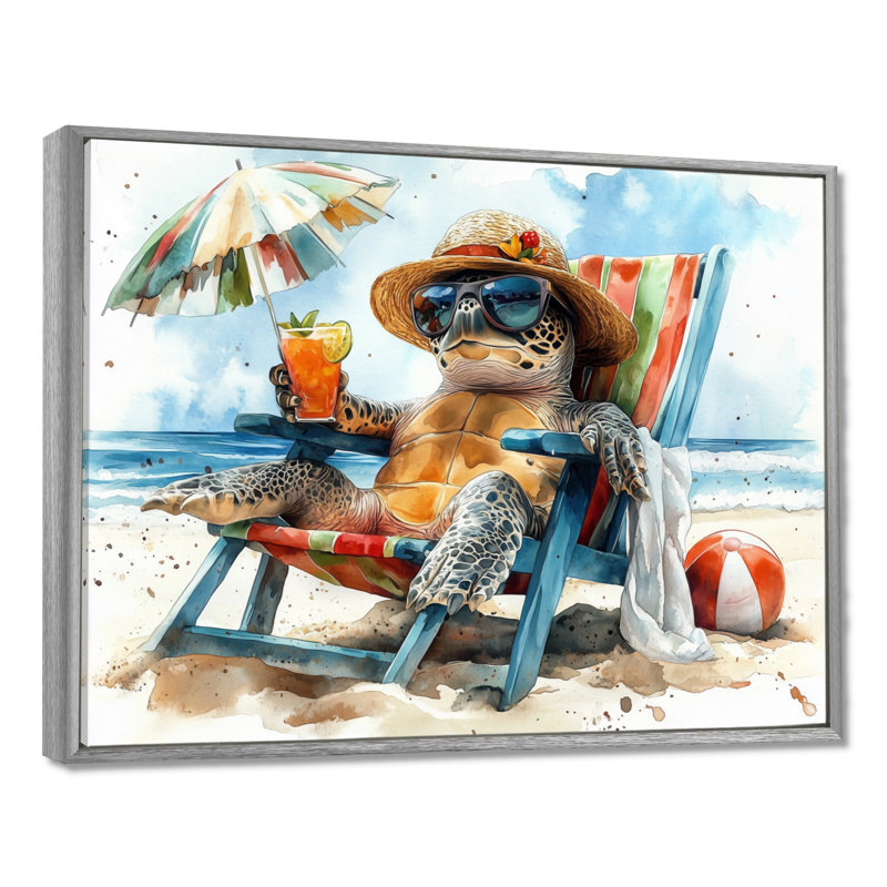 Turtle On The Beach Relaxing - Coastal Animal Wall Art Living Room, 30" H x 40" W x 1.5" D, Silver Floater Framed Canvas
