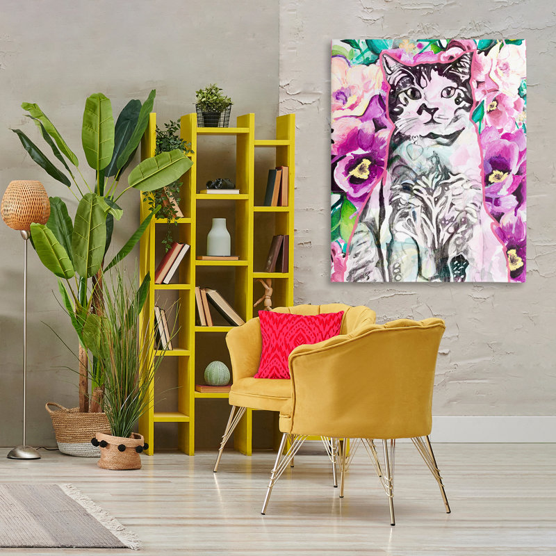 Art mural sur toile "Kitty Parmi les Fleurs" par Chelsea Goodrich, H 48 po x l 36 po