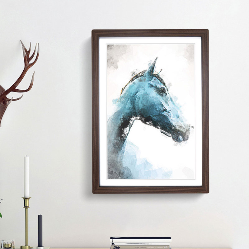 Steel Blue Horse in Abstract - Picture Frame Painting Print, 65cm H x 48cm W x 2cm D, Walnut Framed