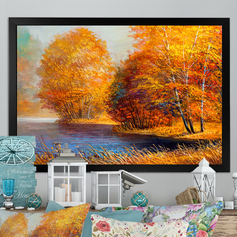 " Autumn Lake Birch Wood ", Black Picture Framed Canvas, 8" H x 12" W x 1" D