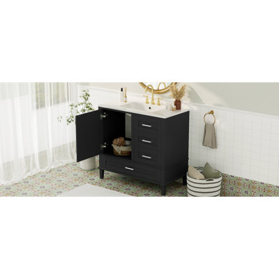 Meuble-lavabo avec lavabo en céramique, 2 portes, tiroir, tablette réglable et meuble-lavabo