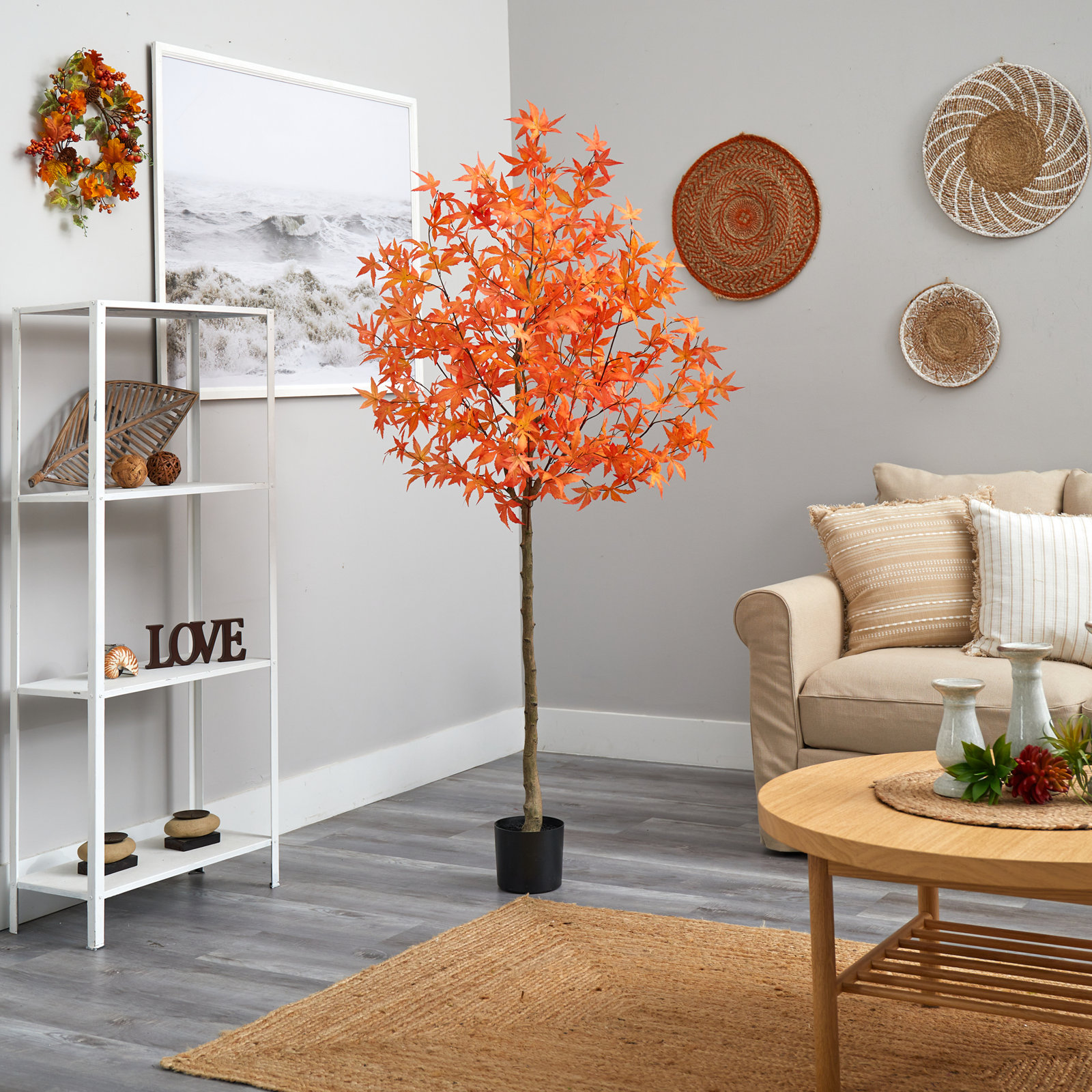 Faux Maple Tree in Pot Liner, 48" H x 21" W x 16" D, Orange