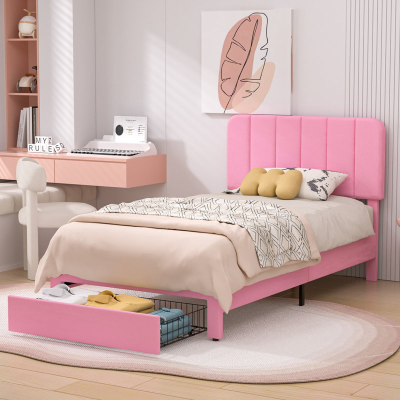 Huntsville 4-Drawer Velvet Upholstered Platform Bed, Pink, Twin