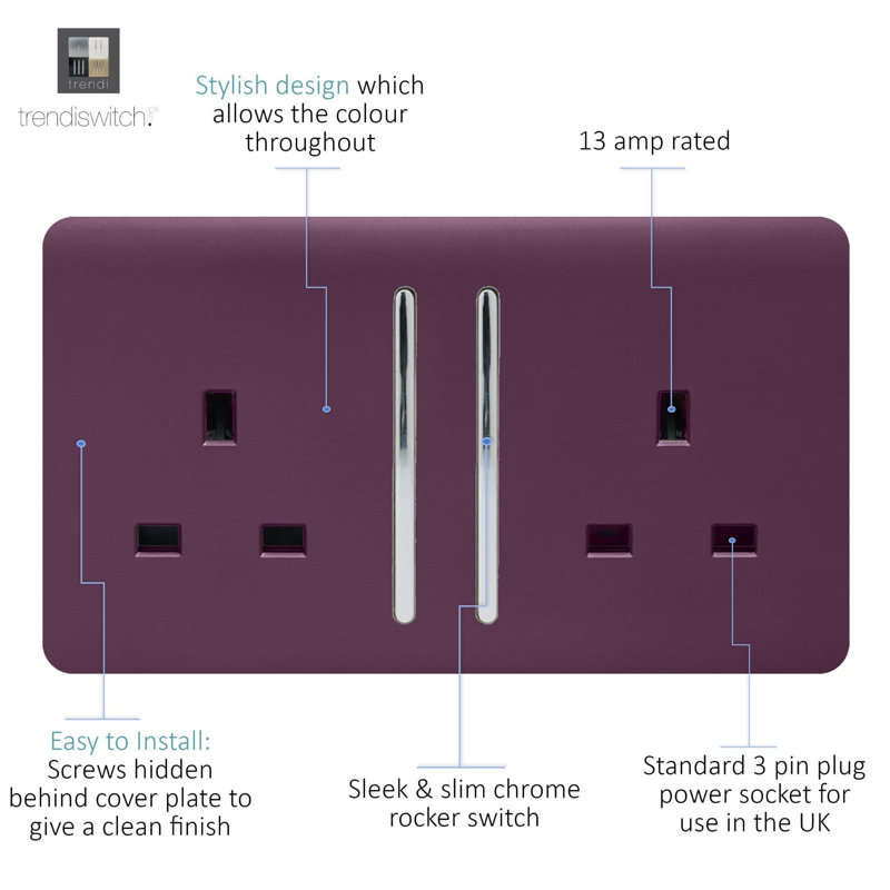 Trendi Switch 2 Gang Long Switched Plug Socket, Plum