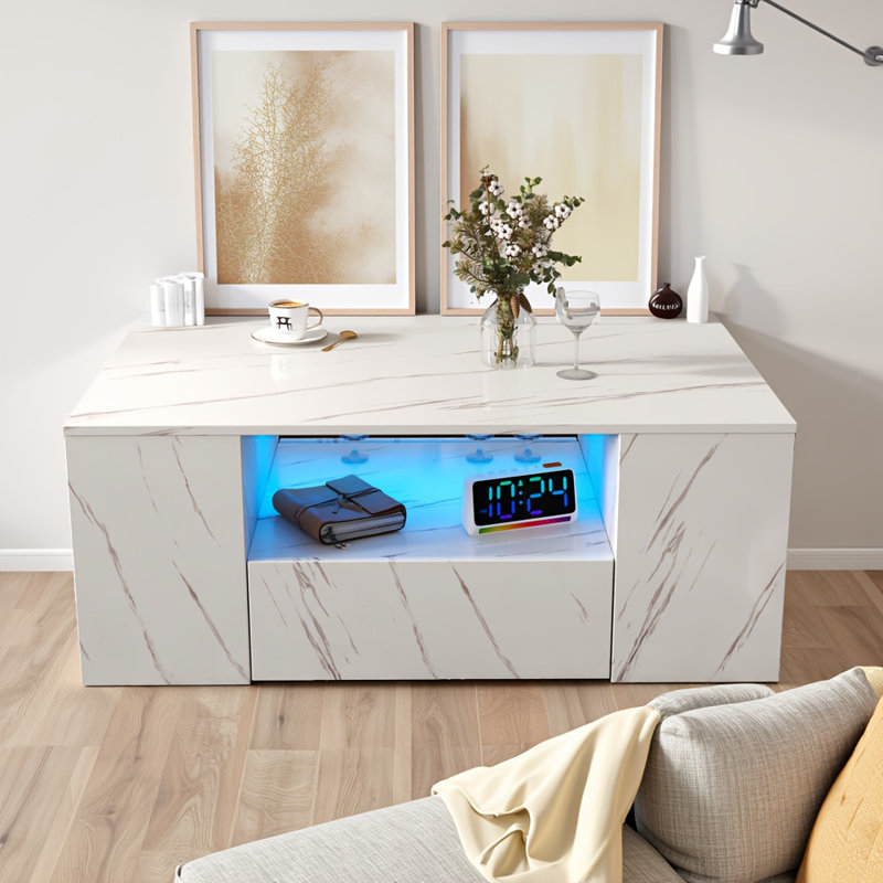 Table basse moderne à DEL avec 2 tiroirs et tablette ouverte, éclairage à télécommande 20 couleurs, table de rangement centrale pour le salon