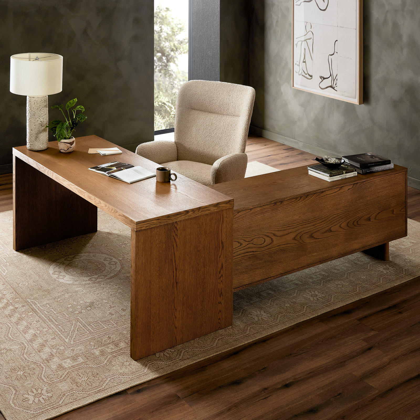 L-Shaped Wood Executive Desk, Amber Oak