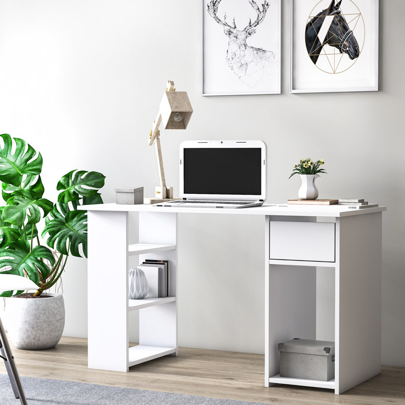 Arma Computer Desk, Working Desk with Drawer and 3 Shelves, 120 x 55 x 73 cm Study Writing Table, White