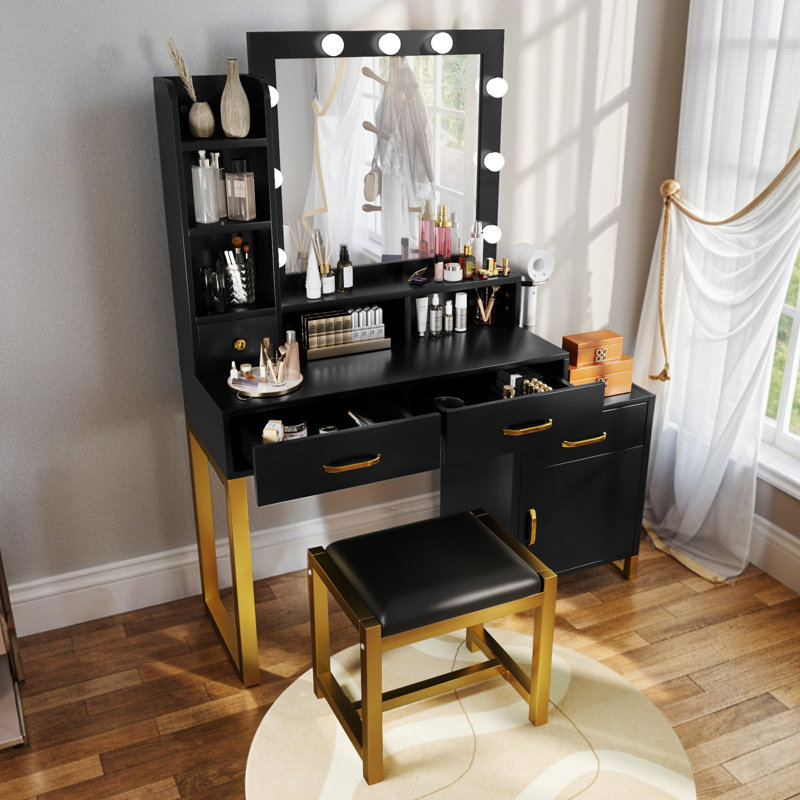 Makeup Vanity Set with LED Lighted Mirror, Black
