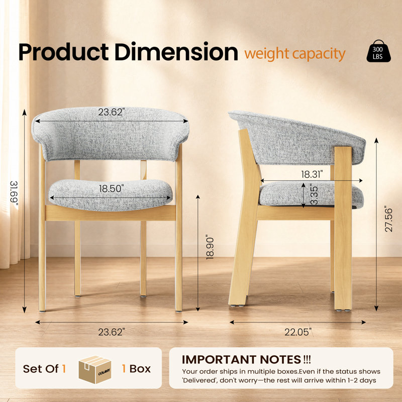 Chaise de salle à manger rembourrée avec accoudoirs tonneau, Natural Wood, Light Grey