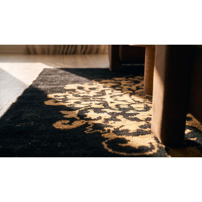 Hand Knotted Wool Floral Area Rug in Black