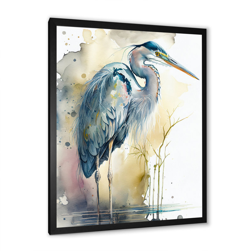Héron au bord de l'eau, aquarelle III - héron, art mural, H 40 po x l 30 po x P 1,5 po, Impression noire sur toile encadrée