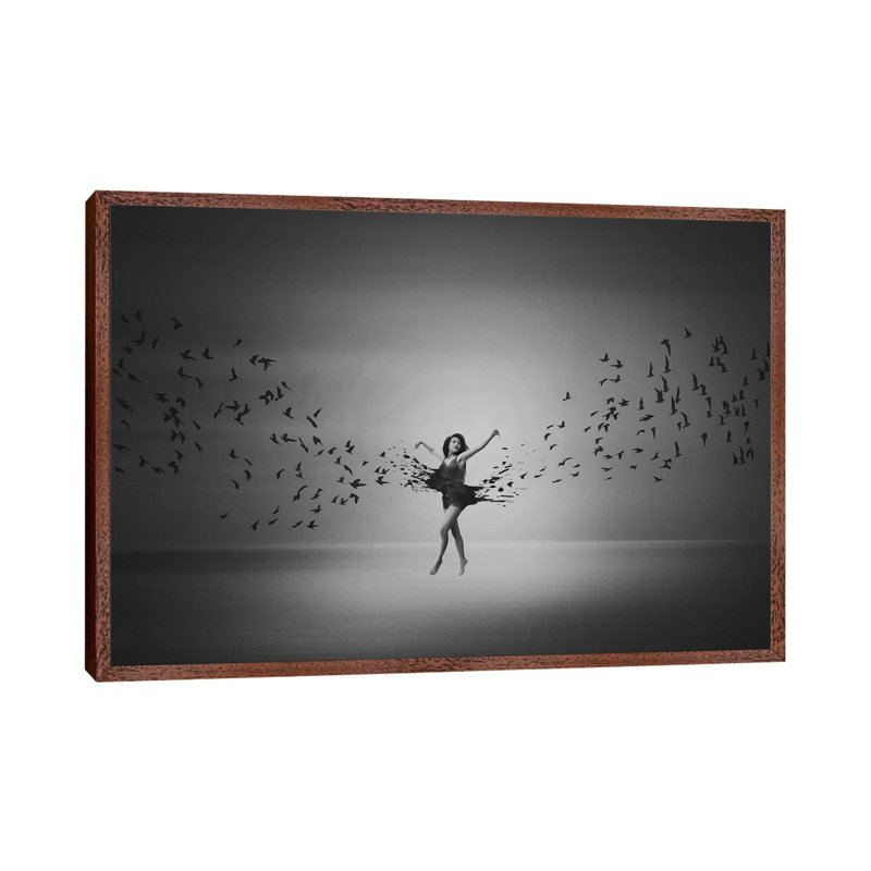 Ballerina Flight Of Birds by Mark Biwit - Print on Canvas, Classic Brown Wood Floater Framed