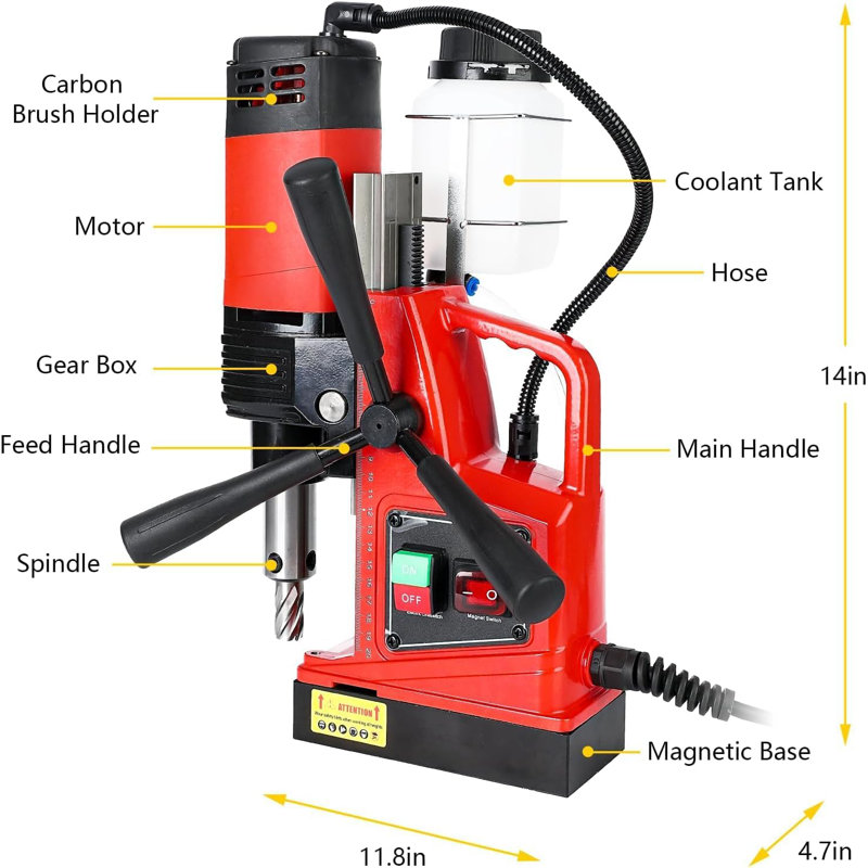 Perceuse magnétique robuste 1300 W, double rail, 810 tr / min, perceuse de 1,6 po maximum, ensemble de 11 pièces, 110 V, orange