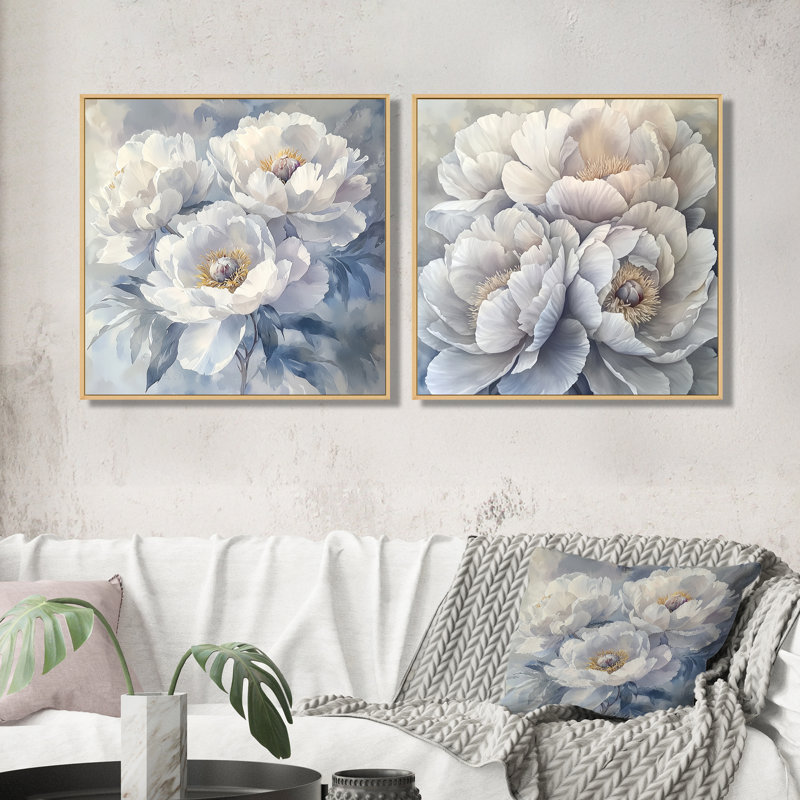 Fleurs de pivoines givrées monochromes I - art mural pivoines - ensemble d'art mural traditionnel 2 pièces, Cadre flottant