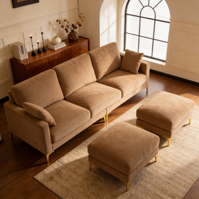 100'' Kakhi Chenille U-Shaped Square Couch With 2 Ottoman And Side Storage