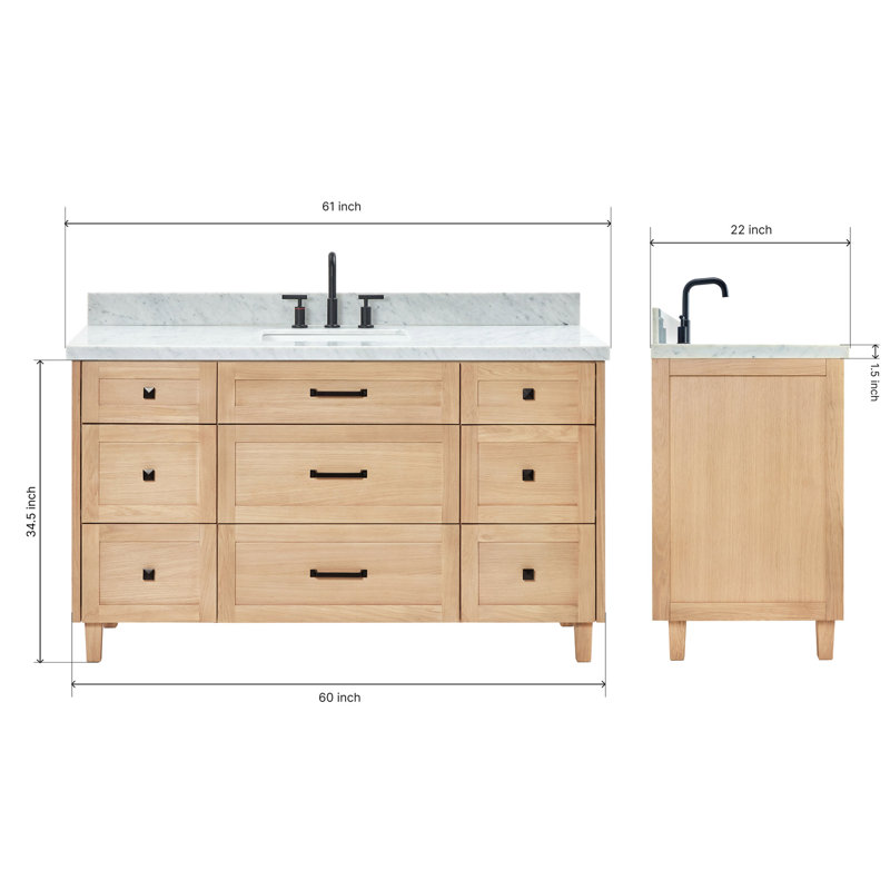 ARIEL Monroe 49 Single Sink Bathroom Vanity with Italian Carrara Marble Top, Oak, 61", Carrara White Marble