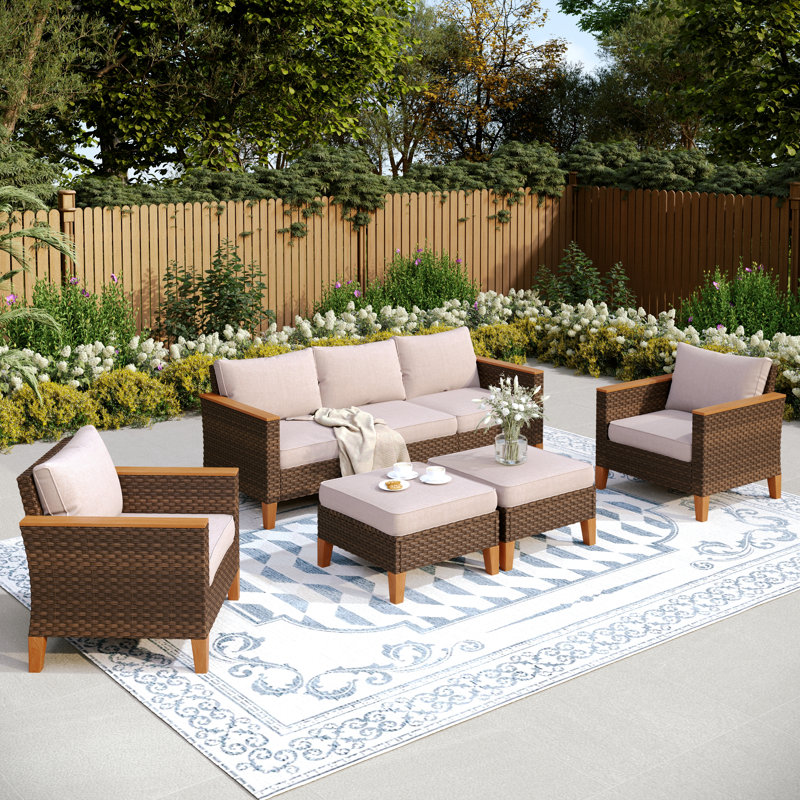 All Weather Wicker/Rattan 7 - Person Seating Group with Cushions, No, Beige