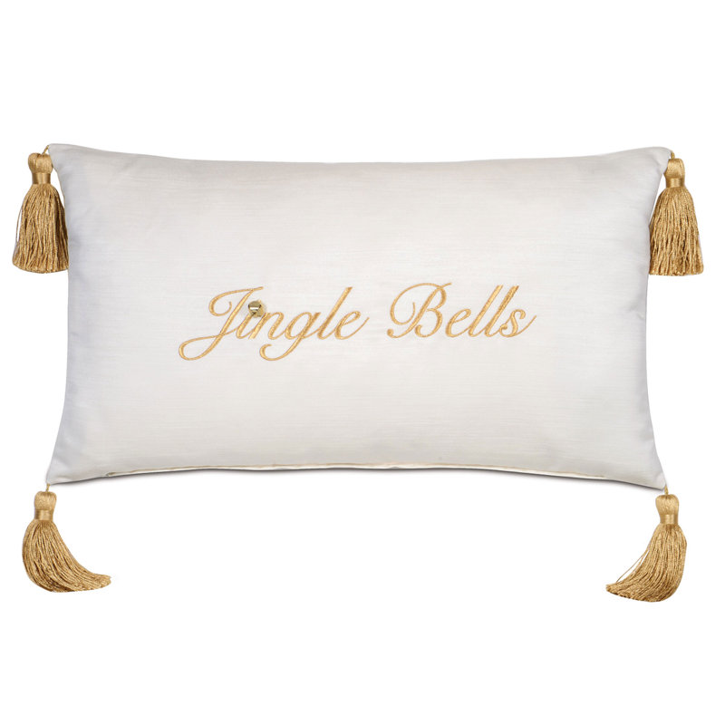 White and Gold Embroidered Lumbar Pillow with Tassels