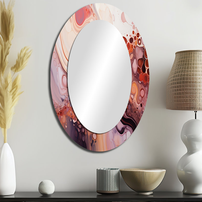 Grand miroir mural ovale rose sur métal à encre liquide rose II, 36 po x 24 po