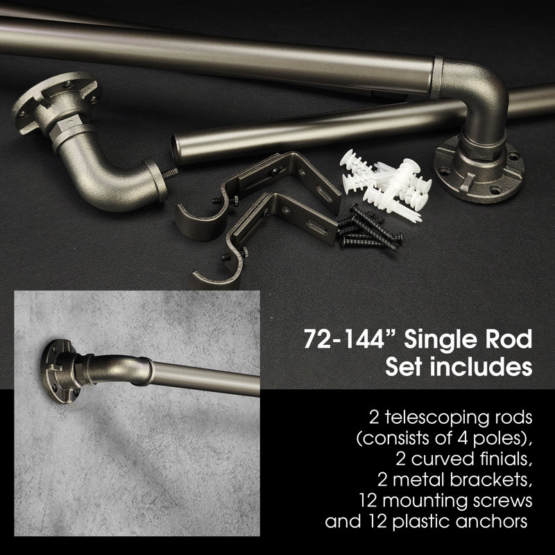 Tringle à rideaux simple réglable 1 po Dia, Argent vieilli, 72” – 144”