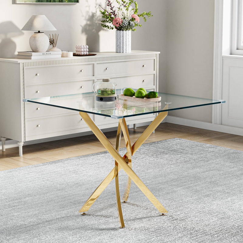 Square Dining Tempered Glass Dining Table With Stainless Steel Legs, Gold