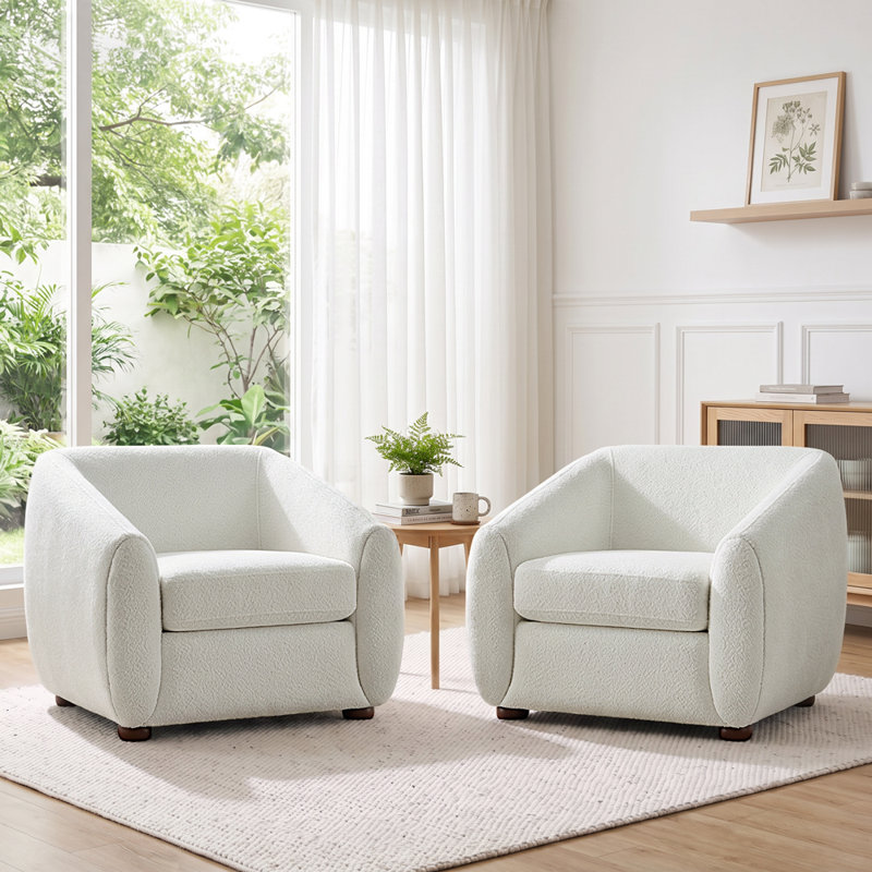 Fauteuil demi-tonneau en polyester 36,6 po Mykel, Boucle blanche 100 % polyester