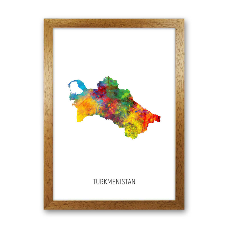 Turkmenistan Watercolour Map by Michael Tompsett - Print, Brown Framed, 46cm H x 34cm W x 3cm D