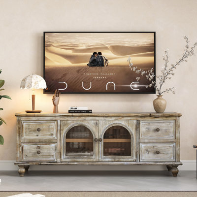Meuble télé 60 po avec 4 tiroirs et 2 portes en verre, console multimédia en bois rustique, meuble télé patiné