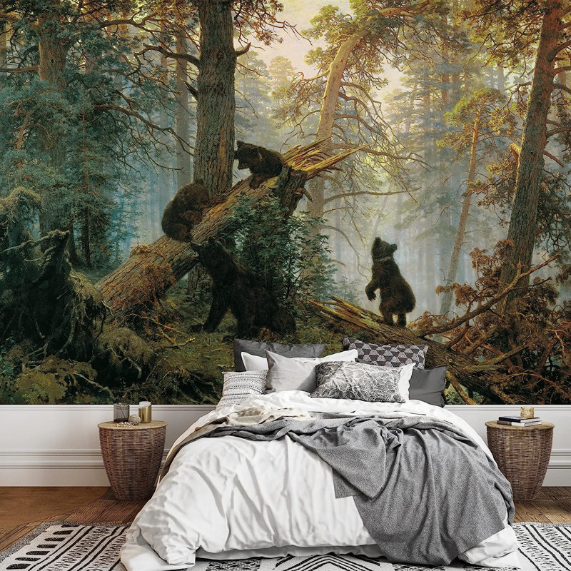 Morning in a Pine Forest (Bears Playing on a Fallen Tree) 100' L x 144" W Wall Mural, 100" L x 144" W