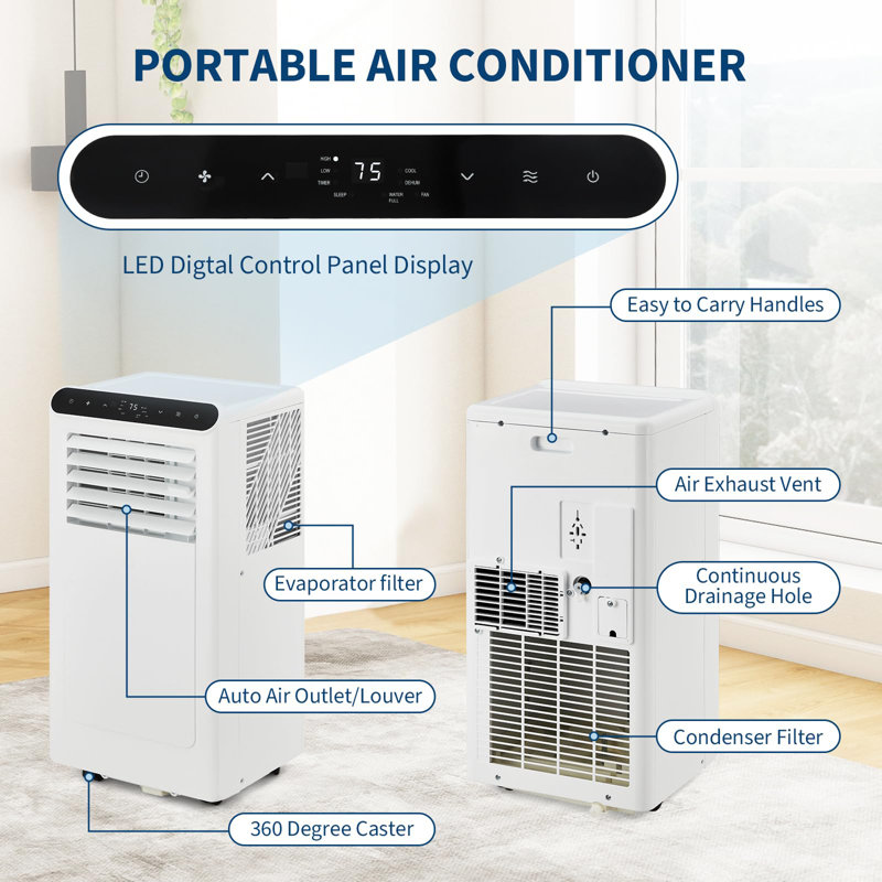 Climatiseurs portatifs 8 000 BTU, climatiseur portatif efficace 3 en 1 avec mode veille, déshumidificateur, télécommande, refroidissement silencieux pour les chambres à coucher, les appartements et les bureaux, blanc et noir